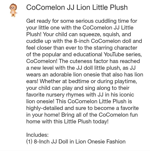 Cocomelon JJ Lion Cuddle Plush Play Toy 8" - Picture 6 of 6